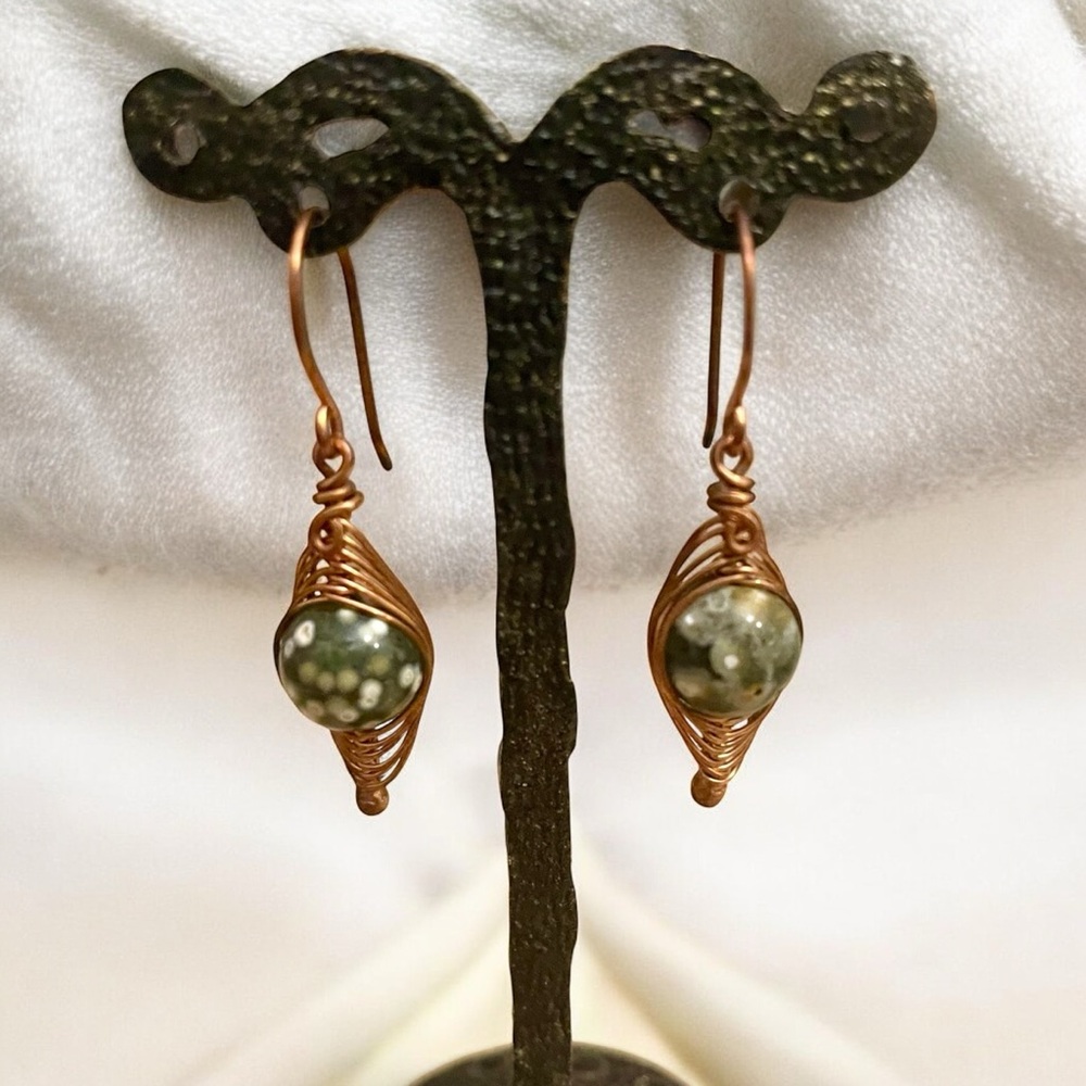Green Ocean Jasper Copper Earrings